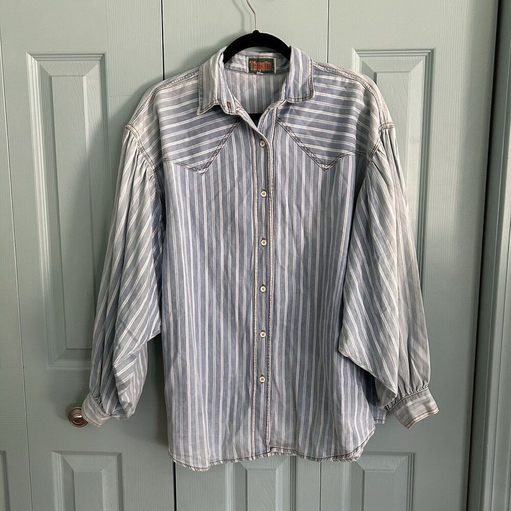 Y2K Tianello Womens Chambray Button Up Balloon Sleeve Top Large Vtg 90s Western